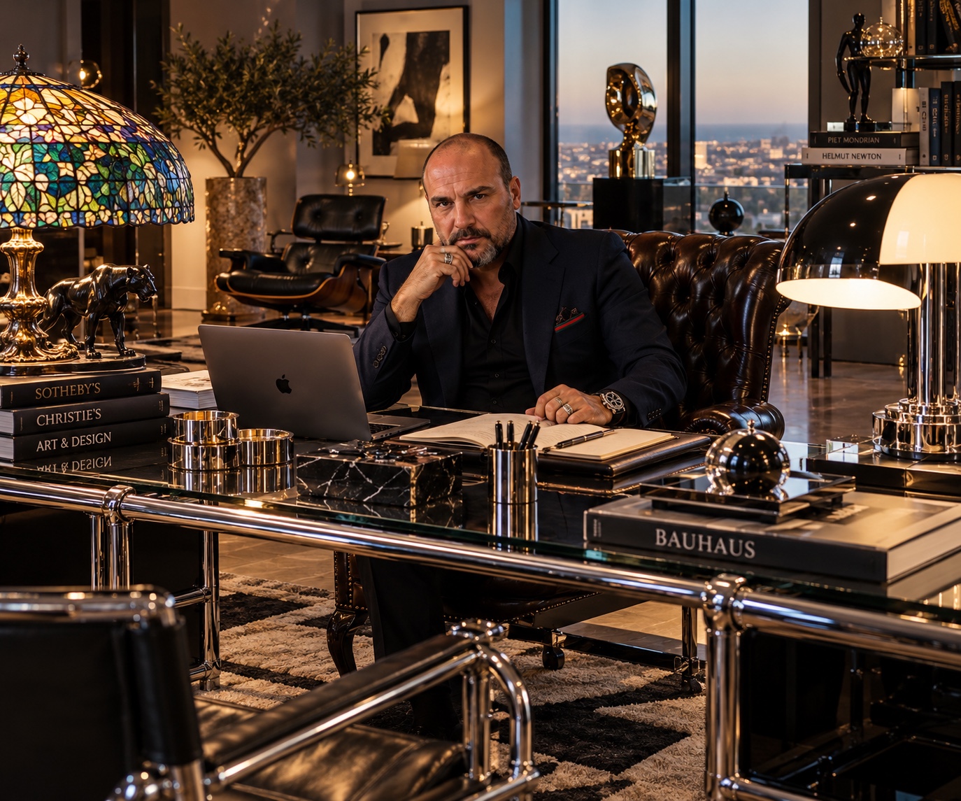 Alessandro Galano alla scrivania in un ambiente professionale di design
